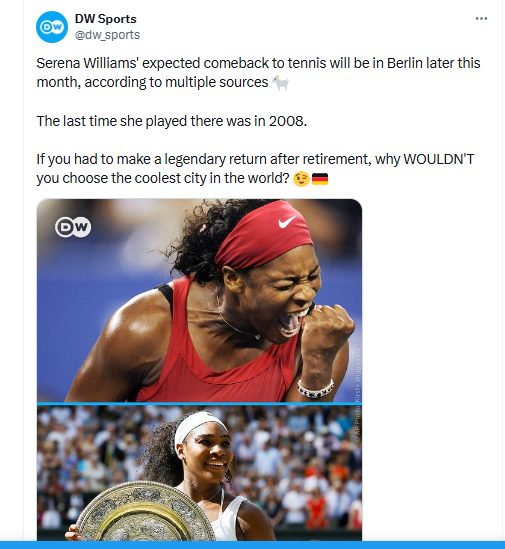 Serena Williams set to make tennis comeback with Berlin tournament