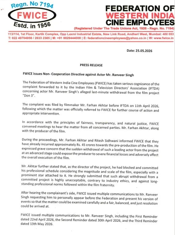 Ranveer Singh slaps FWICE decision with legal fight after ‘Don 3’ fallout