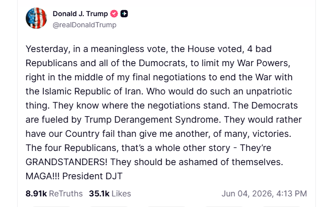 Trump slams unpatriotic House vote on Iran war powers, calls it meaningless