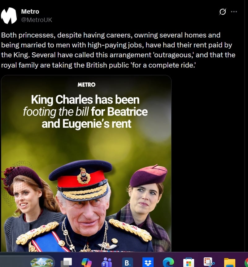Princess Eugenie, Princess Beatrice rent arrangements from King Charles sparks backlash