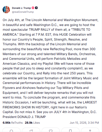 July 4 celebrations: Trump unveils plan for ‘most spectacular’ rally