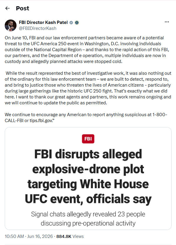FBI confirms ‘serious potential threat’ to UFC White House event