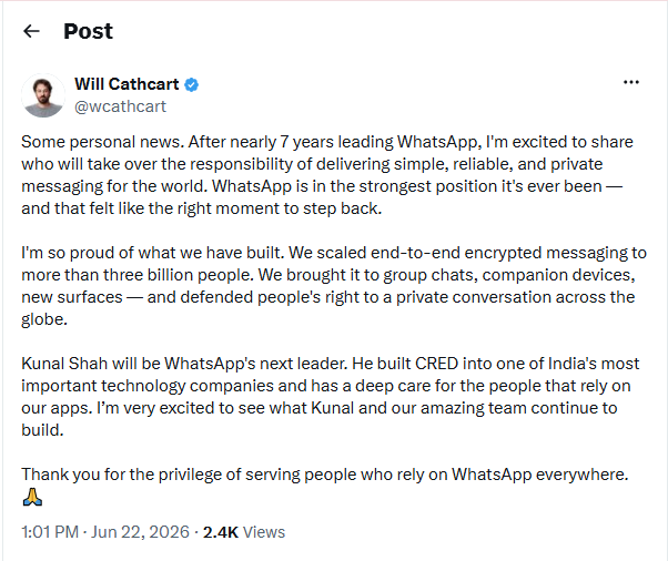 Who is Kunal Shah? WhatsApps new CEO after Will Cathcart resigns