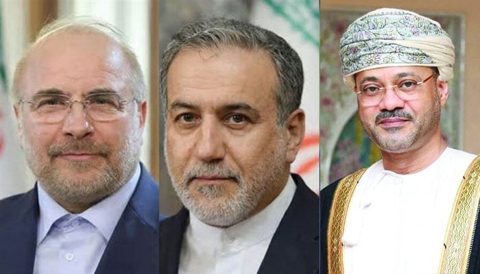 عمانی وزیر خارجہ بدر البوسعیدی، ایرانی وزیرِ خارجہ عباس عراقچی اور پارلیمانی اسپیکر باقر قالیباف — فائل فوٹوز