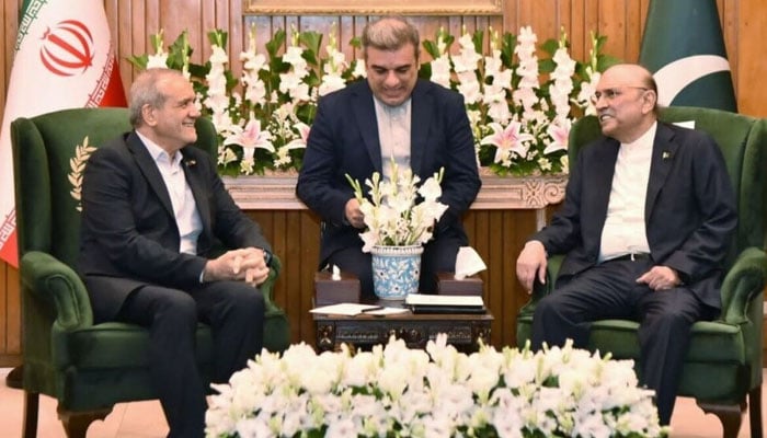 صدر آصف زرداری سے مسعود پزشکیان کی ملاقات، پاک ایران تعلقات، علاقائی امن کو مزید مضبوط بنانے کے عزم کا اعادہ