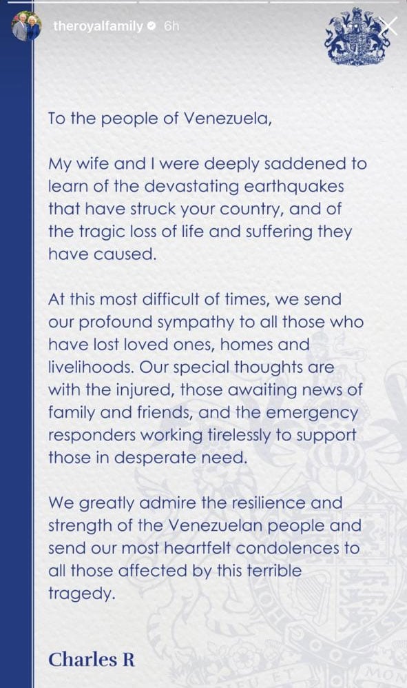 King Charles breaks silence on Venezuela earthquakes in emotional note: ‘deeply saddened’