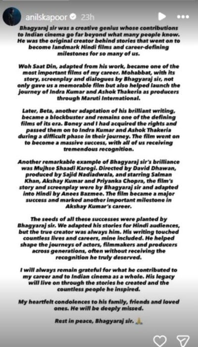 Anil Kapoors emotional tribute to K. Bhagyaraj leaves fans moved