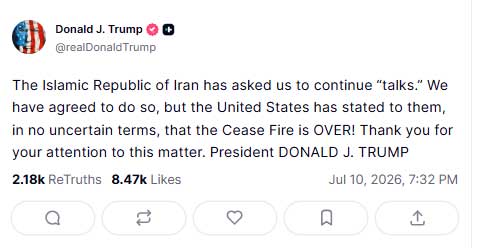 Trump says US agrees to Iran talks but declares ceasefire over