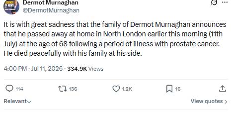 TV presenter Dermot Murnaghan breathes his last at 68: Cause of death revealed