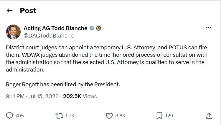 Roger Rogoff fired by Trump within hour of swearing-in as Seattle US attorney