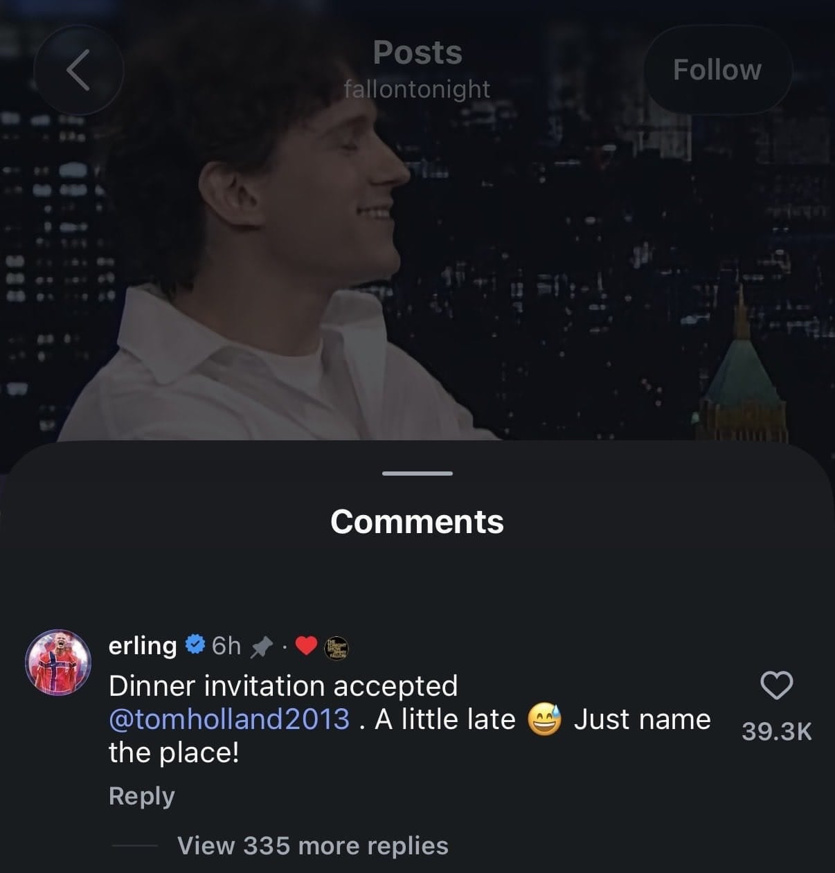 Erling Haaland commen on The Tonight Show instagram
