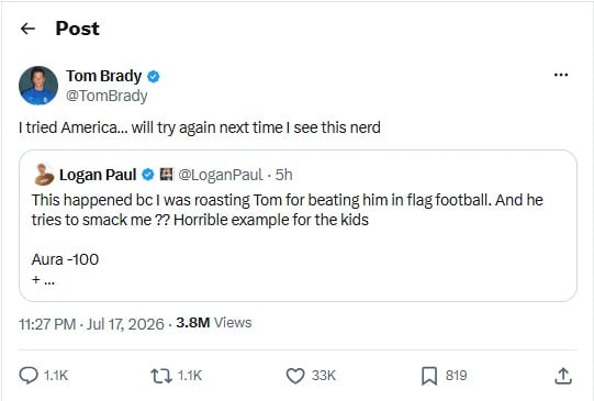 Tom Brady breaks silence after slapping Logan Paul at Fanatics Fest NYC: ‘Nerd’