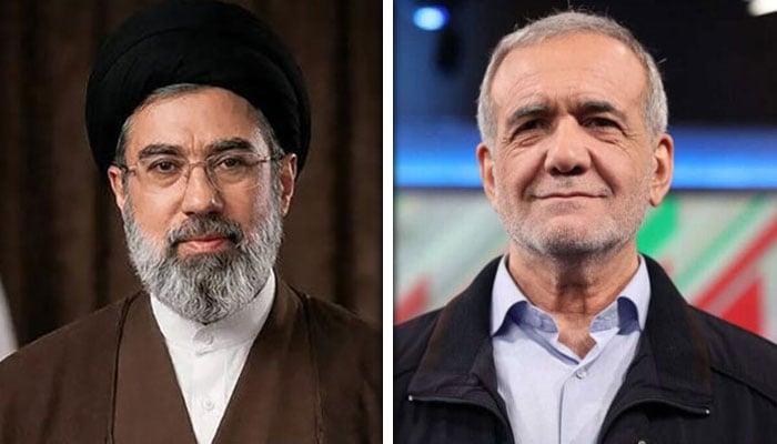مسعود پزشکیان (دائیں)، مجتبیٰ خامنہ ایک (بائیں) - کولاج فوٹو: فائل
