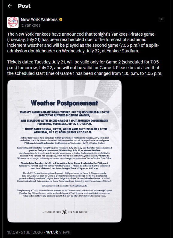 NYC tornado watch issues warning of heavy downpour, wind gusts up, Yankees cancels game