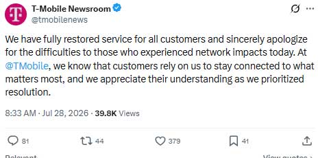 T-Mobile services restored following hours of outage