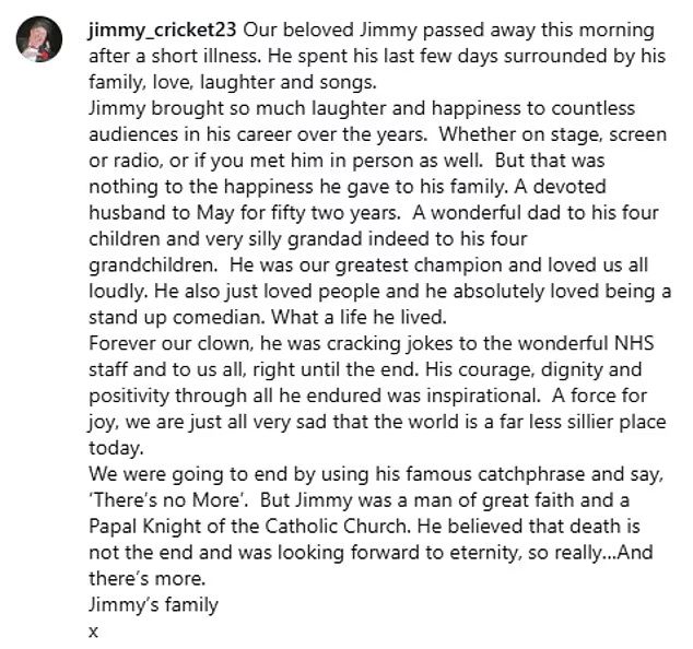Jimmy Cricket dies aged 80, leaving fans and family heartbroken