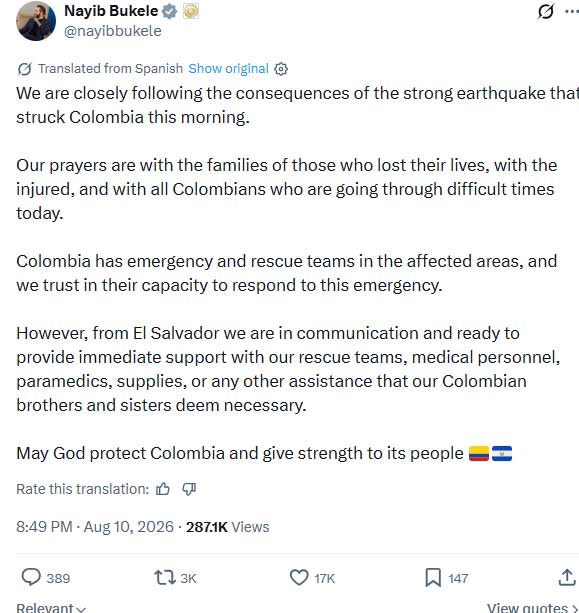 Colombia earthquake leaves nearly 30 dead as global leaders offer support
