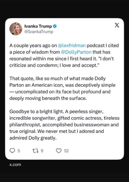 Ivanka Trump shares emotional tribute to Dolly Parton amid brutal scrutiny