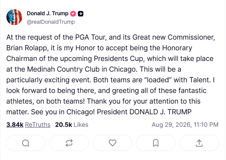 Trump to attend Presidents Cup 2026 after accepting honorary chairman role