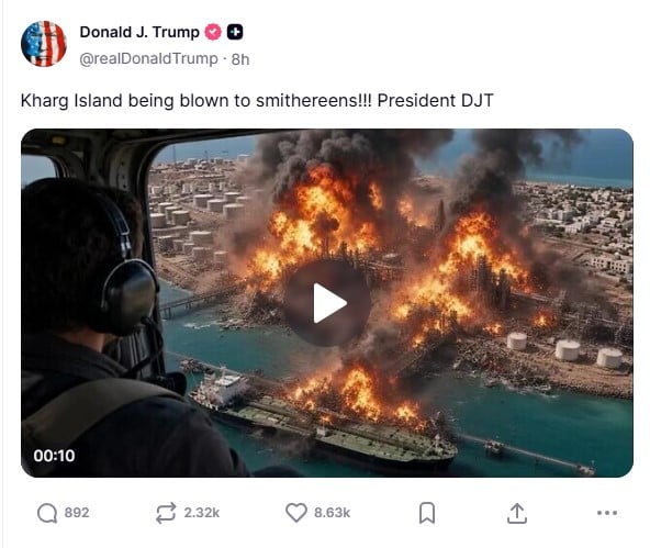 Trumps AI video claim of ‘blown’ Kharg Island sparks Iran reaction: ‘Laughable’