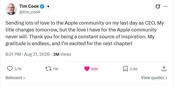 Tim Cook shares emotional message with Apple employees on final day as CEO