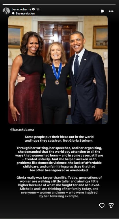 Barack Obama honours Gloria Steinem with emotional tribute after death: ‘Inspired’