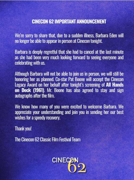 Barbara Eden calls off Cinecon appearance, citing health issues
