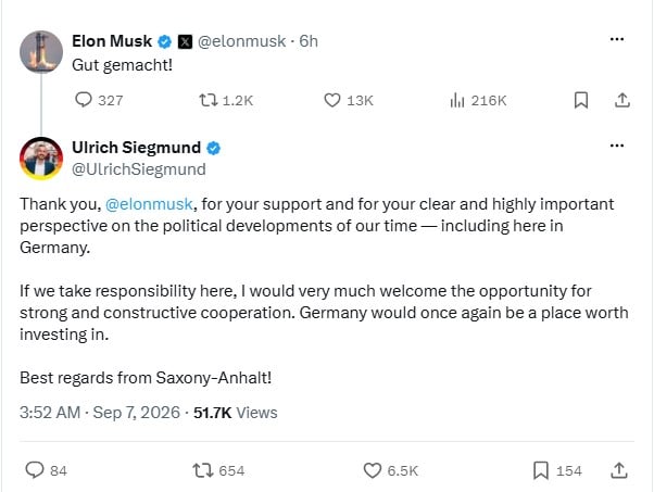 AfD welcomes strong cooperation with Elon Musk after Saxony-Anhalt victory