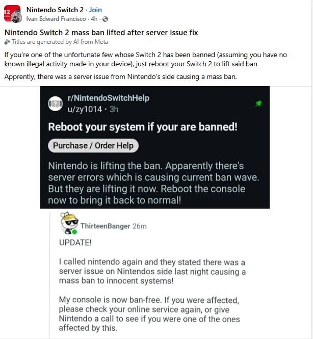 Nintendo reverses Switch 2 bans after mass complaints from legitimate owners