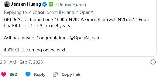 Nvidia CEO Jensen Huang claims OpenAI’s GPT-6 Astra achieved AGI