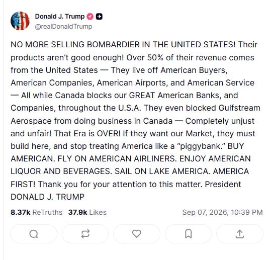 Trump targets Bombardier jets as Canada’s retaliatory tariffs take effect