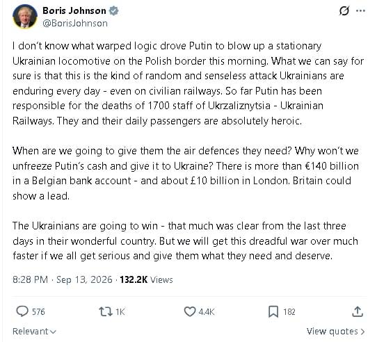 Boris Johnson slams Putin after Russian drone strikes train behind his