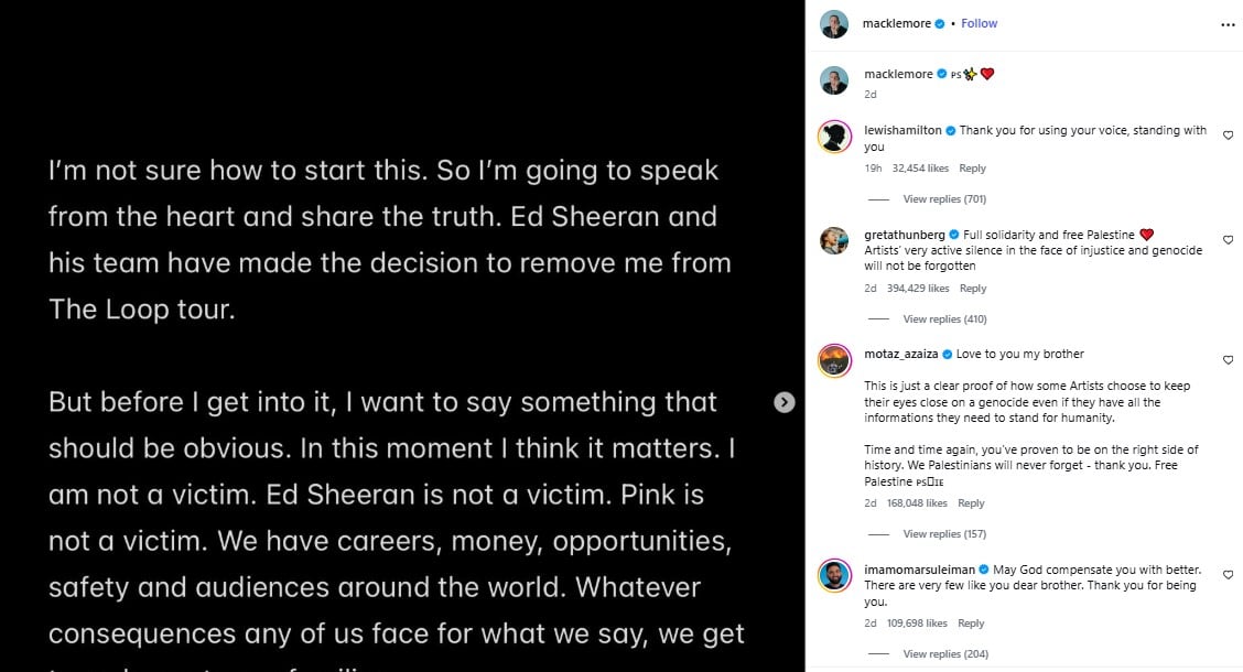 Lewis Hamilton enters Ed Sheeran, Macklemore controversy with unexpected move
