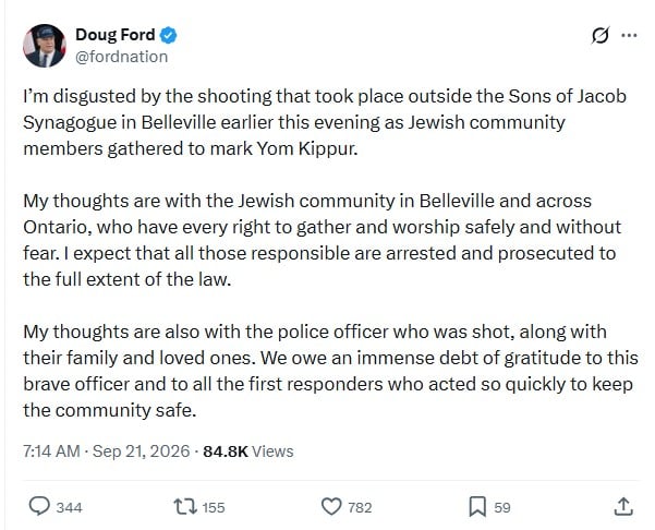 Yom Kippur shooting near Ontario synagogue injures two, including police officer