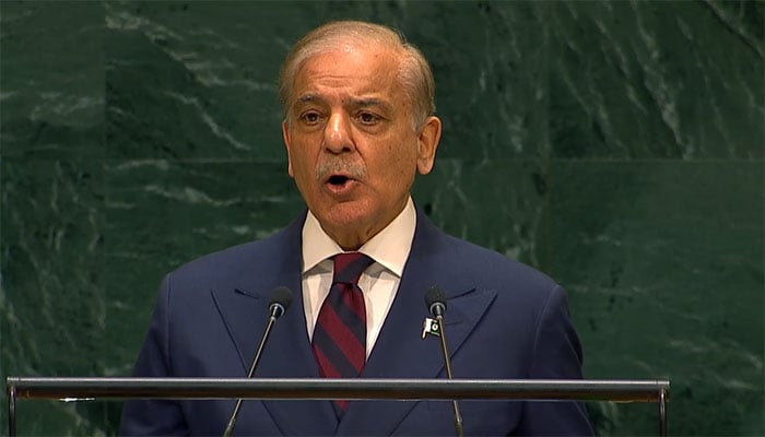 شہباز شریف نے کہا کہ اقوام متحدہ کی جنرل اسمبلی سے چوتھی بار خطاب کر رہا ہوں، ہم اقوام متحدہ کے منشور کے ساتھ کھڑے ہیں۔