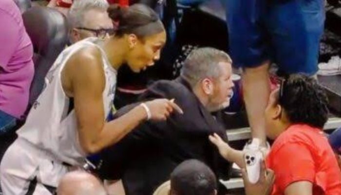 A Las Vegas star confronts courtside spectator during intense playoff showdown