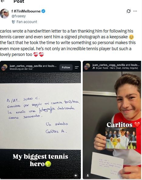 Carlos Alcaraz goes above and beyond for fan with personal letter
